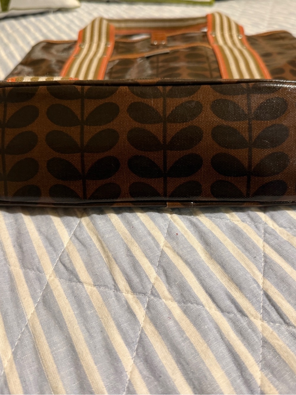 Orla Kiely Brown and Orange Leaf-Print coated Canvas Tote with Striped Handles - Picture 4 of 12